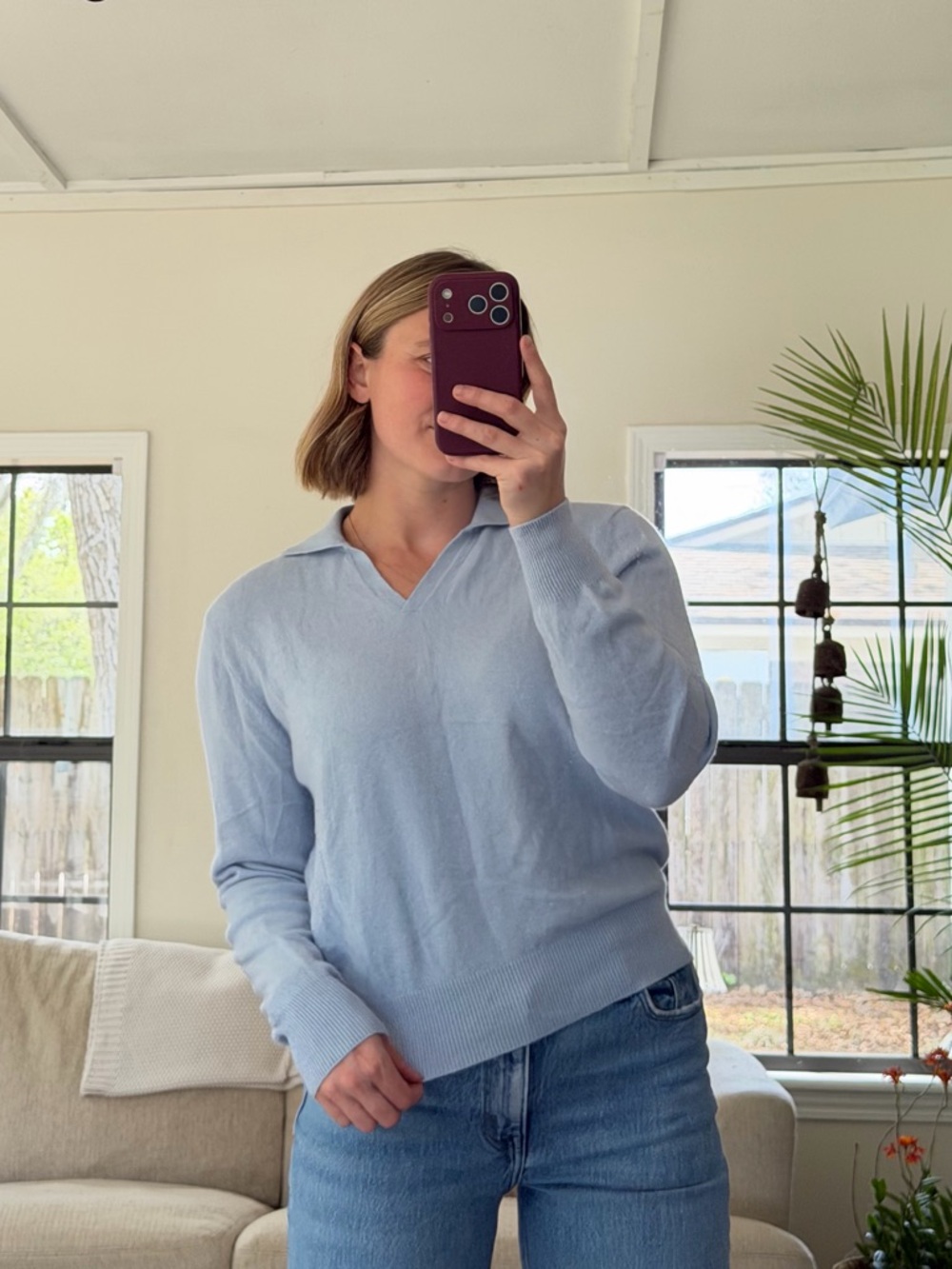 Lord & Taylor Light Blue V-Neck Collared Cashmere Sweater